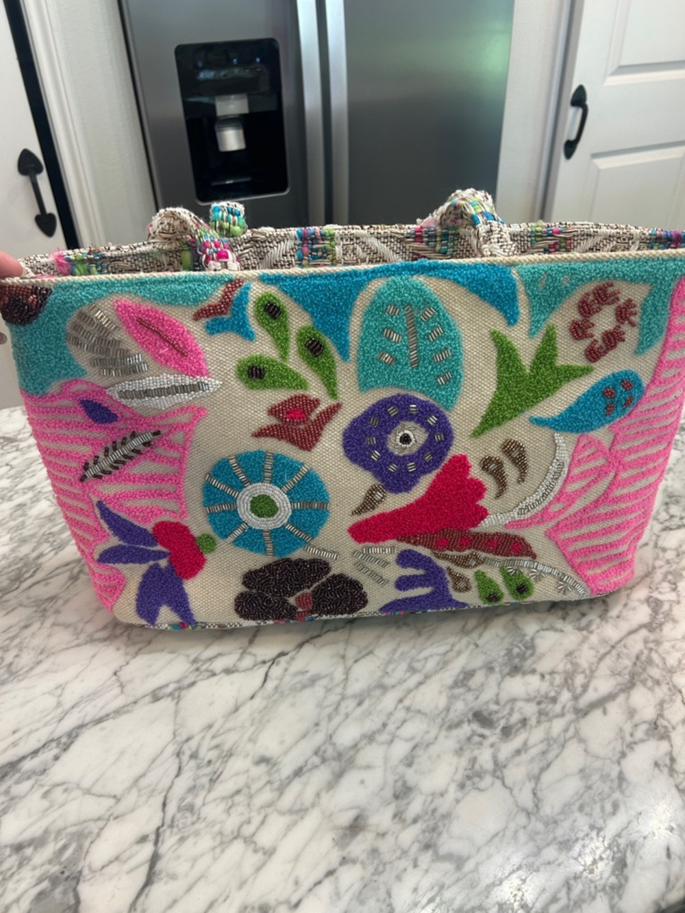 Hand-Beaded Floral Tote in Pink, Turquoise & Purple